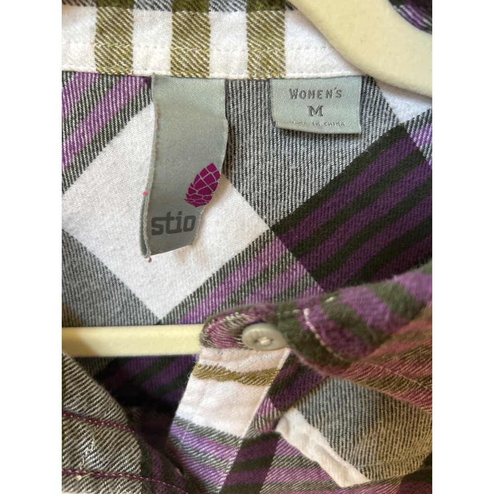 Stio Womens Plaid Flannel Shirt Purple Olive Green Cotton Button Down Medium - Picture 2 of 7